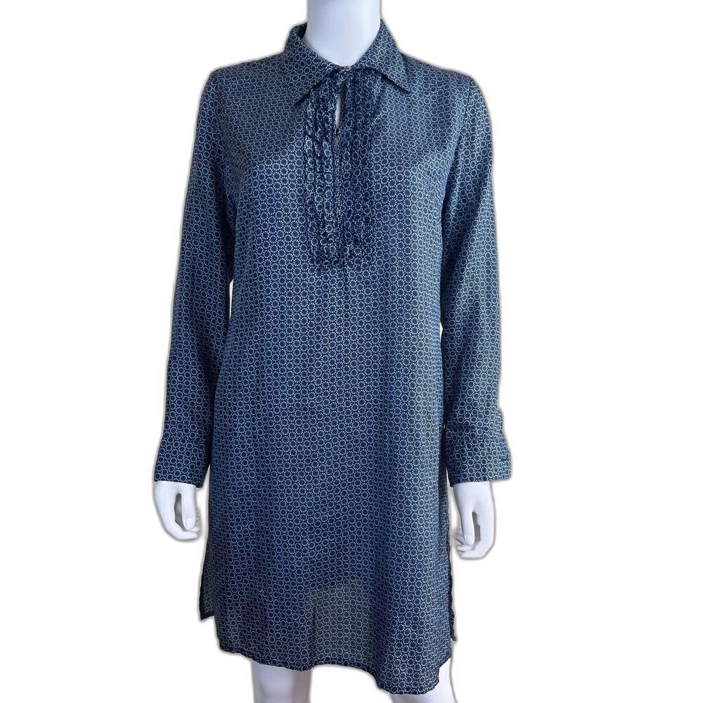 Delfina Womens Size L Blue Pinwheel Ditsy Floral Silk Tunic Shirt Dress Pullover